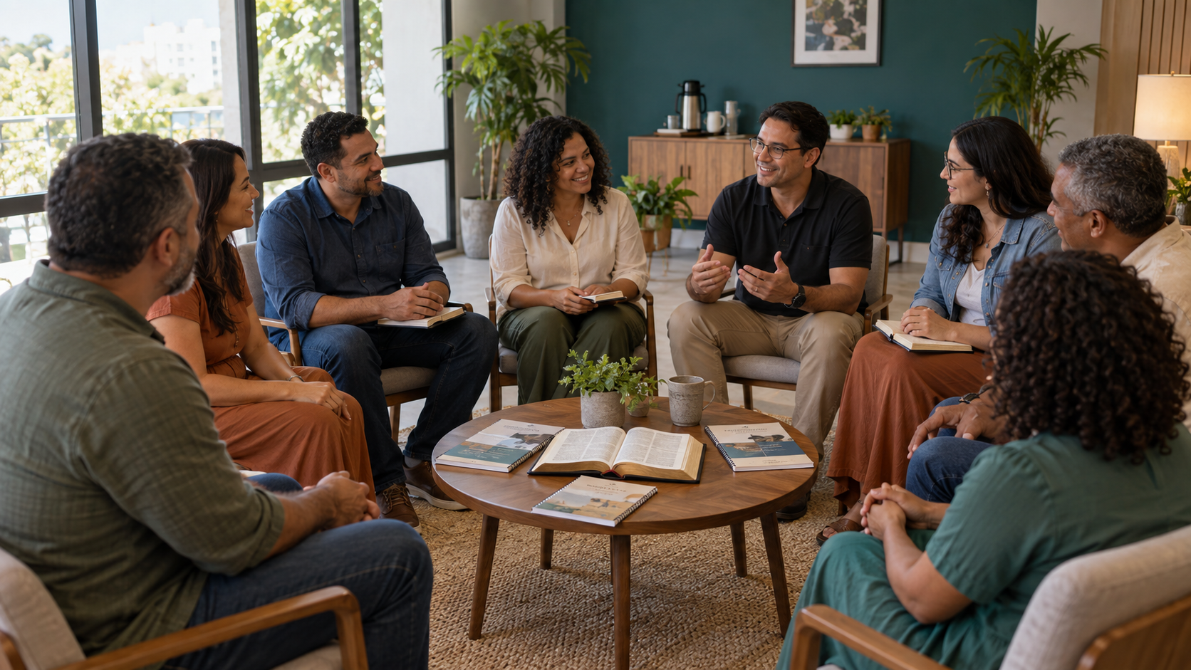 Grupo de casais conversando em uma igreja
