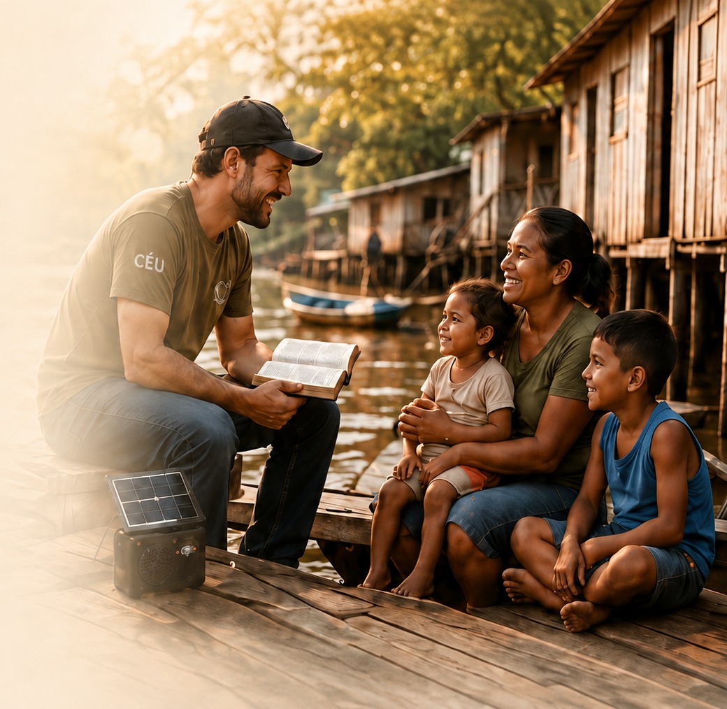 Missionário lendo a Bíblia com uma família ribeirinha